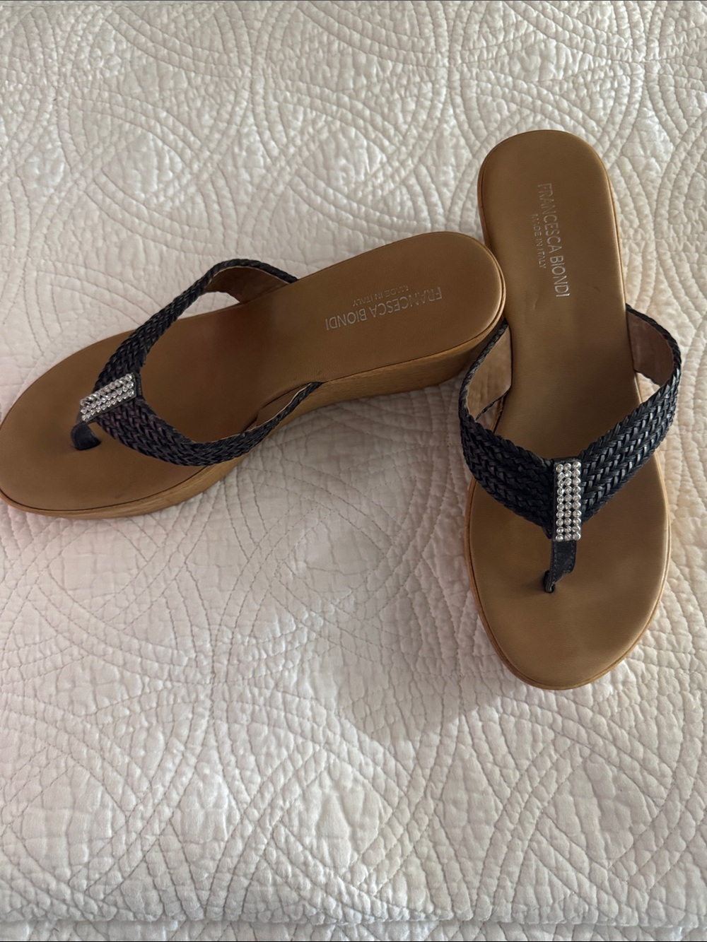 Black Braided Thong Sandals with Crystal Detail
